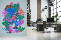 A peaceful woodland vista mural on decorative wallpaper.
