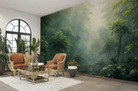 Misty green jungle wallpaper design

