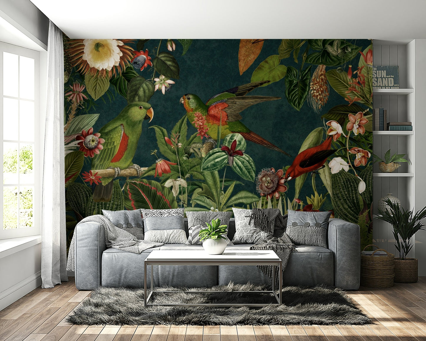 Retro Tropical Garden Wall Mural with Floral Elements

