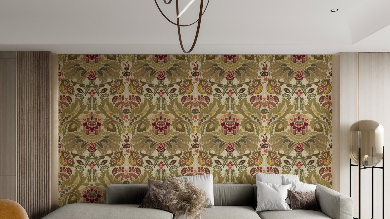 Modern Regal Petals wallpaper with intricate damask floral motifs.
