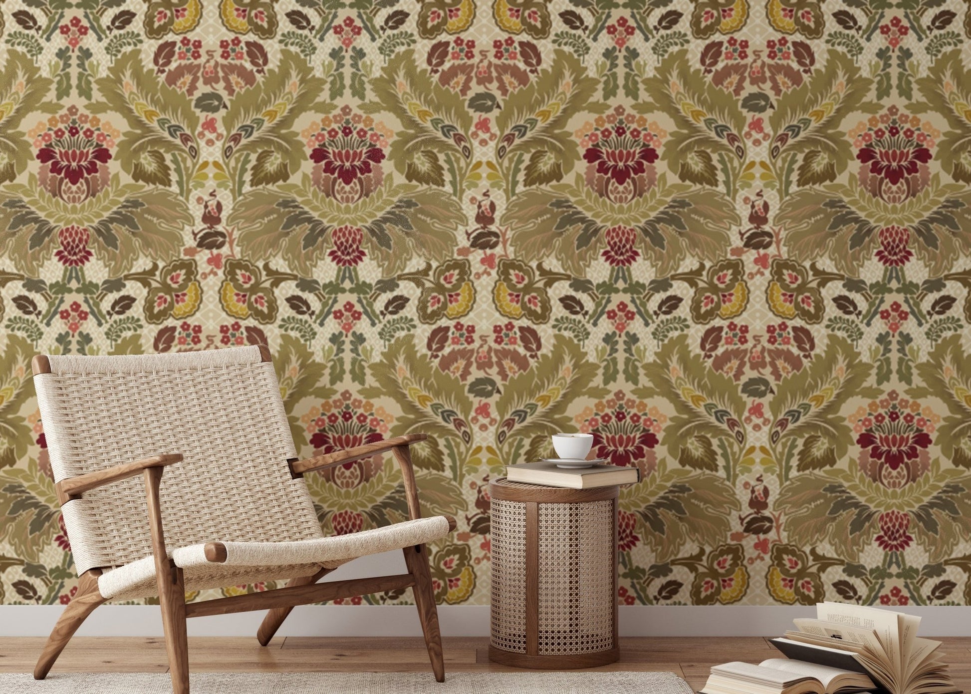 Regal Petals Damask wallpaper with intricate floral patterns.
