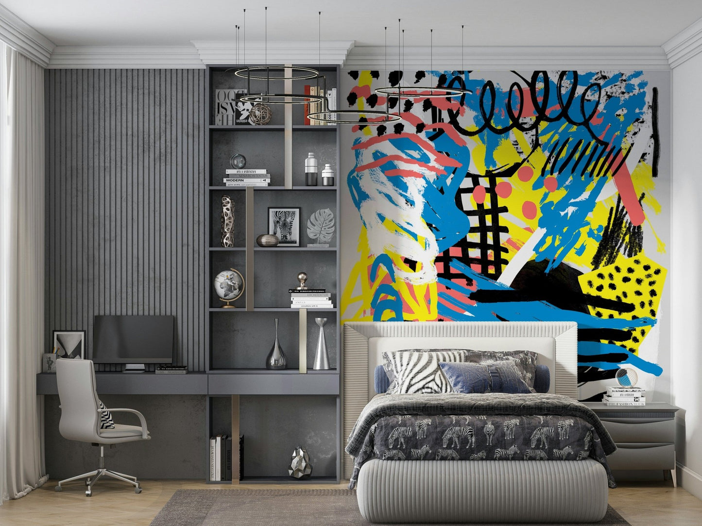 A peaceful geometric abstract mural on decorative wallpaper.