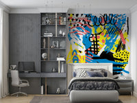A peaceful geometric abstract mural on decorative wallpaper.