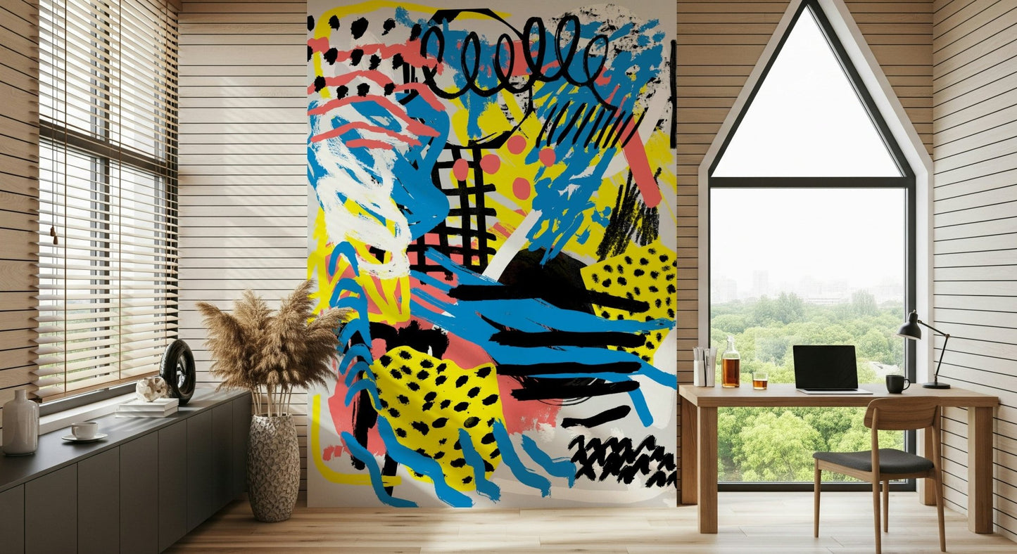 An artistic abstract shape mural on minimalist wallpaper.