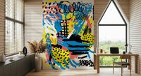 An artistic abstract shape mural on minimalist wallpaper.