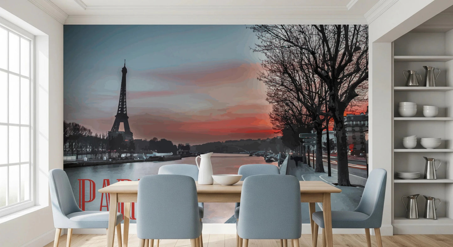 Eiffel Tower Silhouette mural with calm Seine river detail