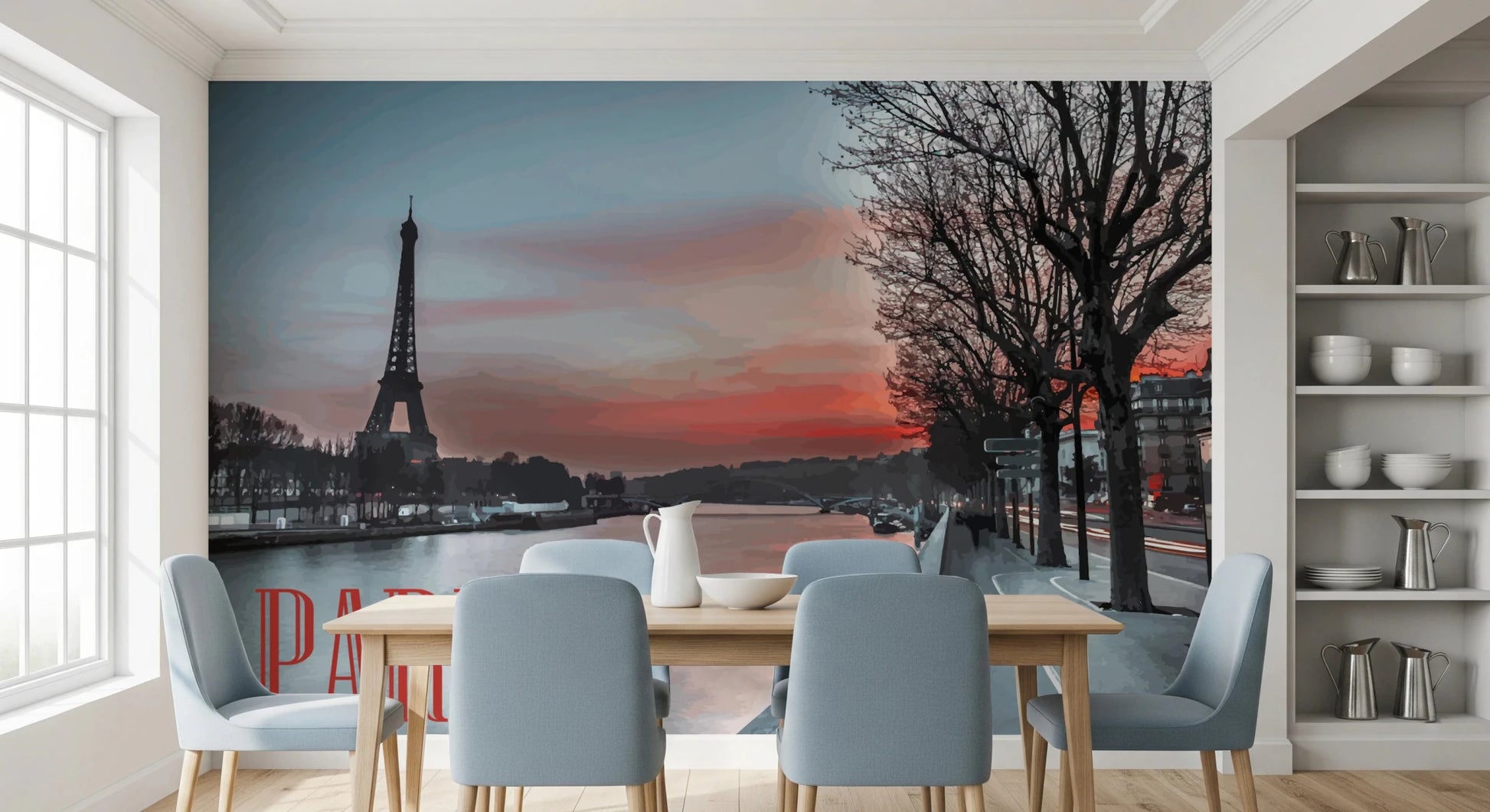 Eiffel Tower Silhouette mural with calm Seine river detail
