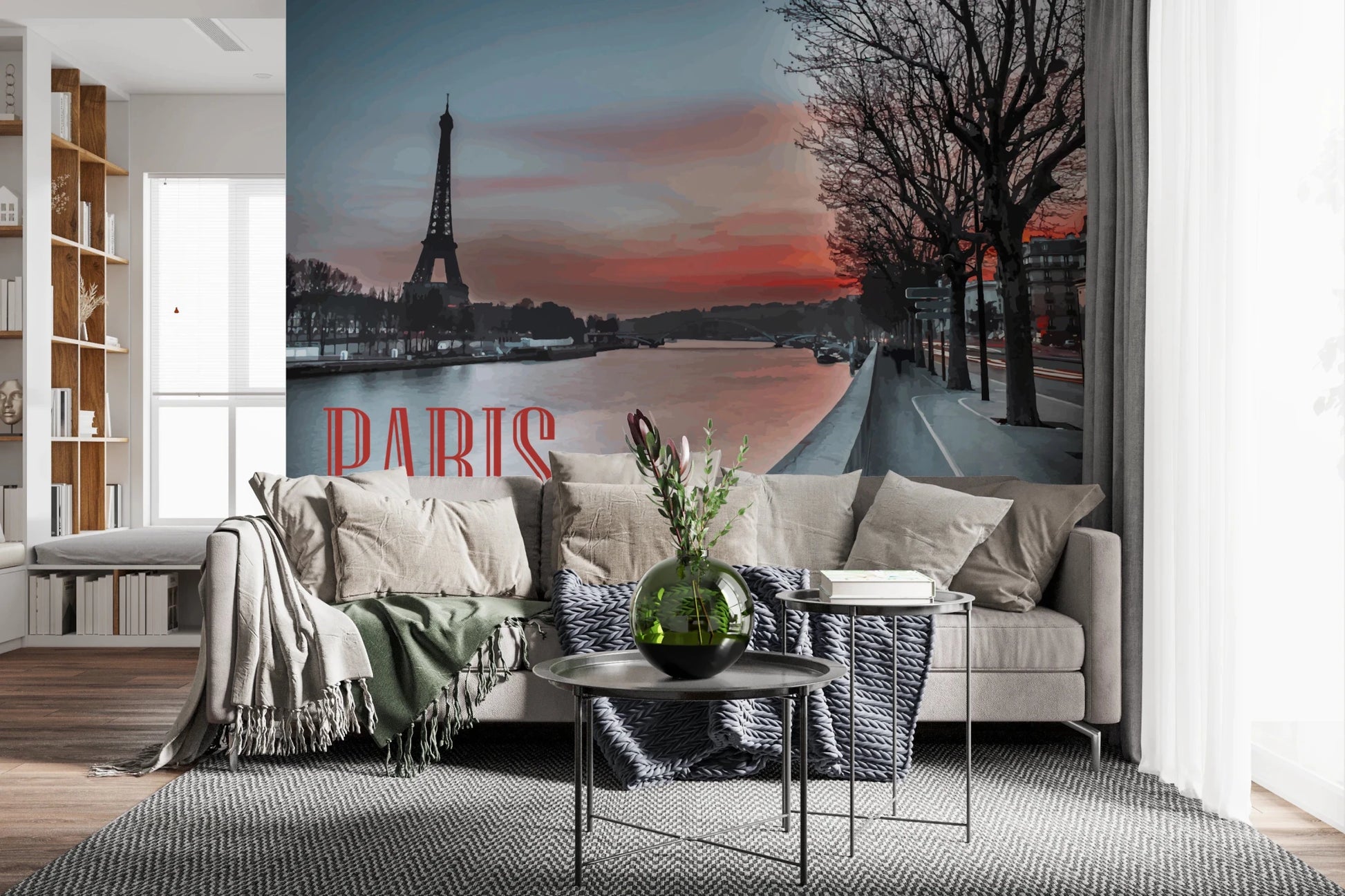 Paris skyline wall mural with Seine view and Eiffel Tower silhouette