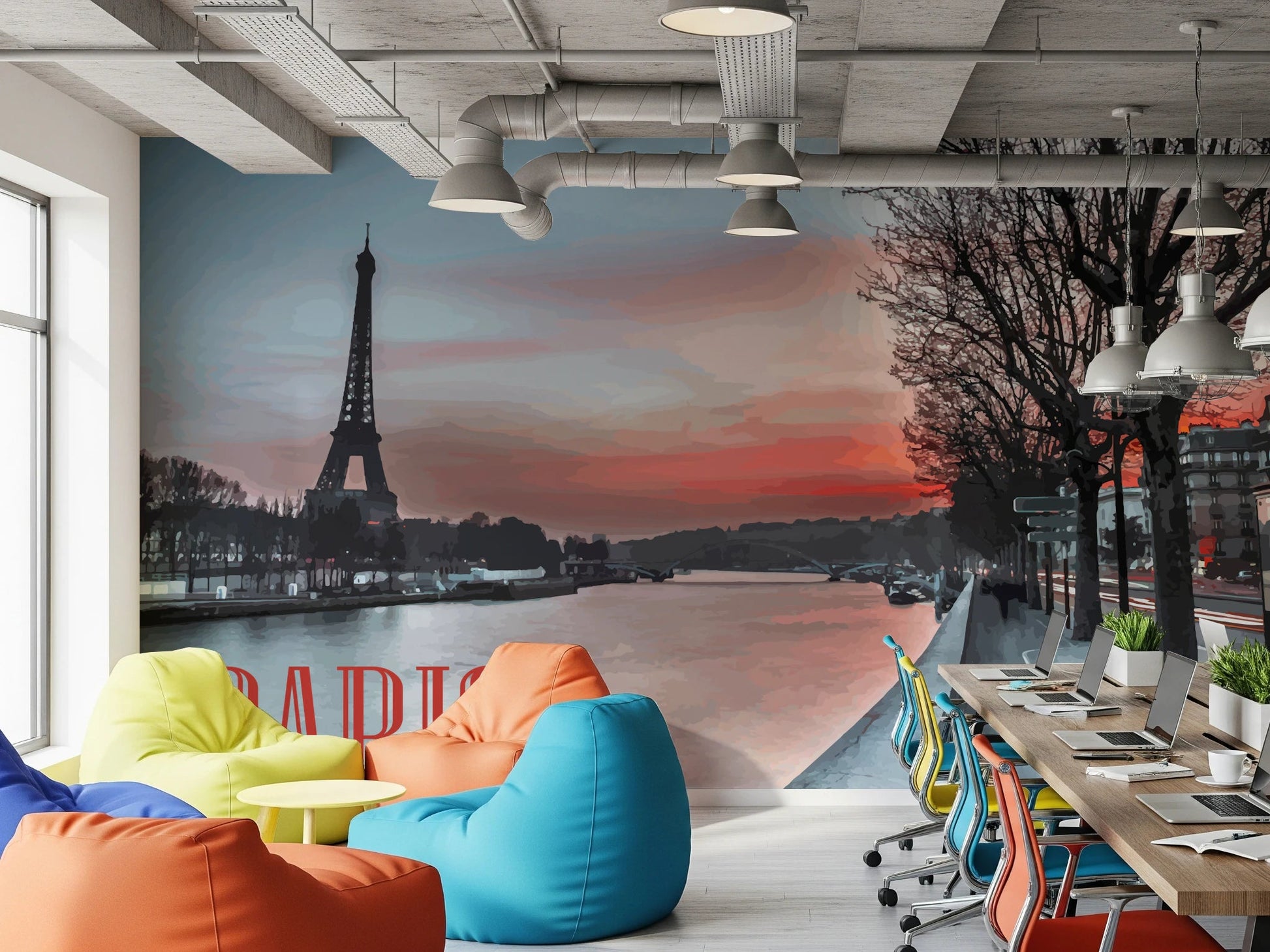 Office space with Seine Eiffel Tower Silhouette wall mural artwork