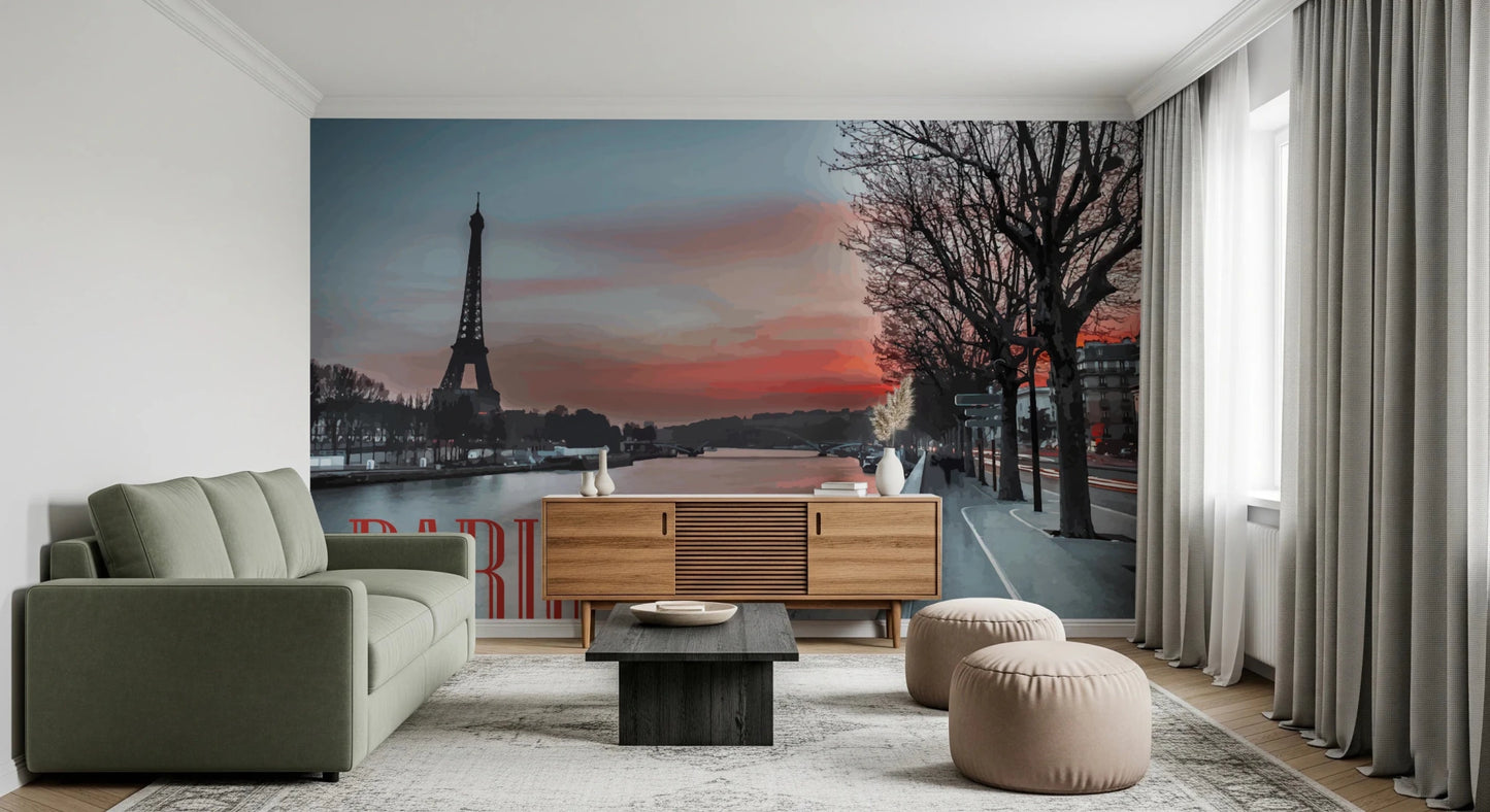 Sunset Paris skyline mural with Seine reflection and tower silhouette