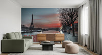 Sunset Paris skyline mural with Seine reflection and tower silhouette