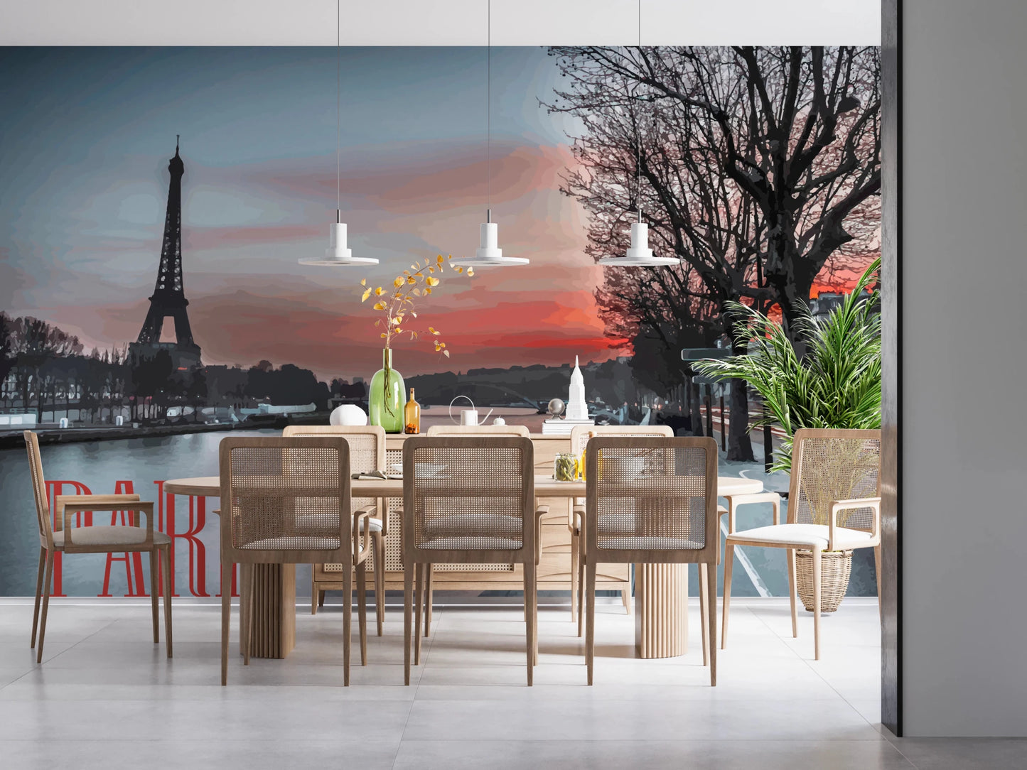 Silhouette wall mural with Eiffel Tower and riverside Paris scene
