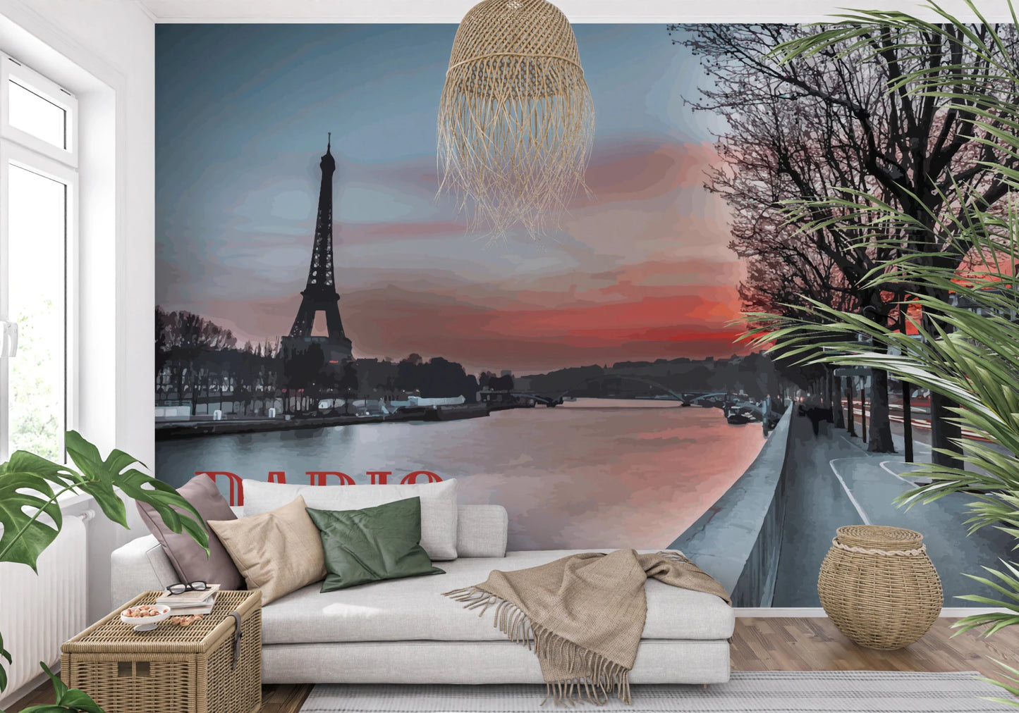 Seine river wall mural with Eiffel Tower Silhouette and sunset tones