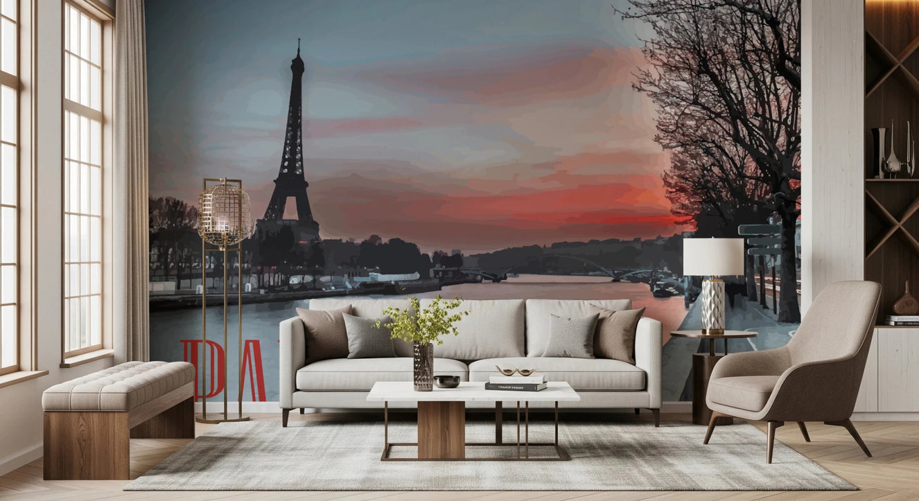 Living room with Seine Eiffel Tower Silhouette wall mural at sunset