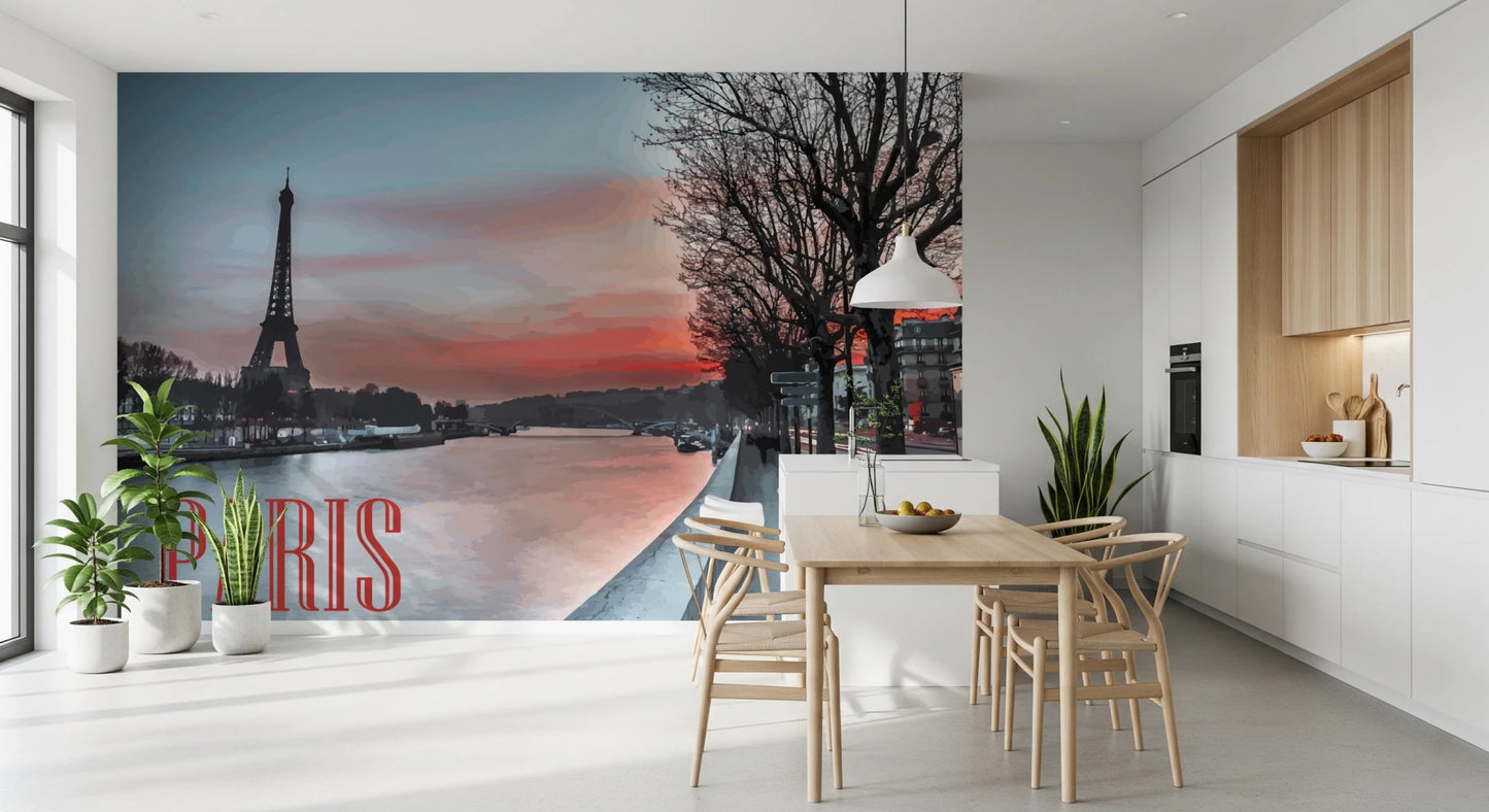 Scenic Paris wall mural with Seine path and Eiffel Tower silhouette