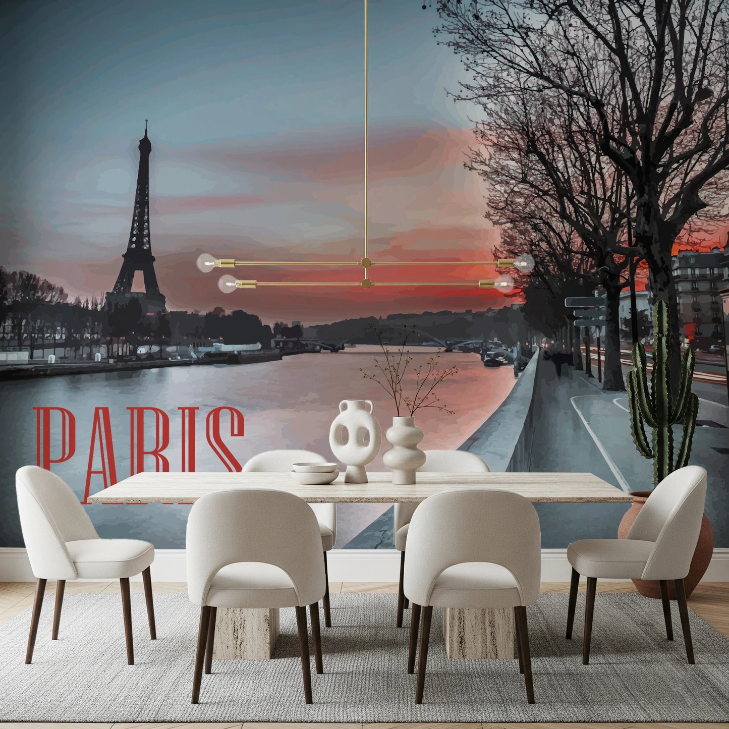 Dining room styled with Seine Eiffel Tower Silhouette wall mural scene