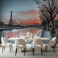 Dining room styled with Seine Eiffel Tower Silhouette wall mural scene