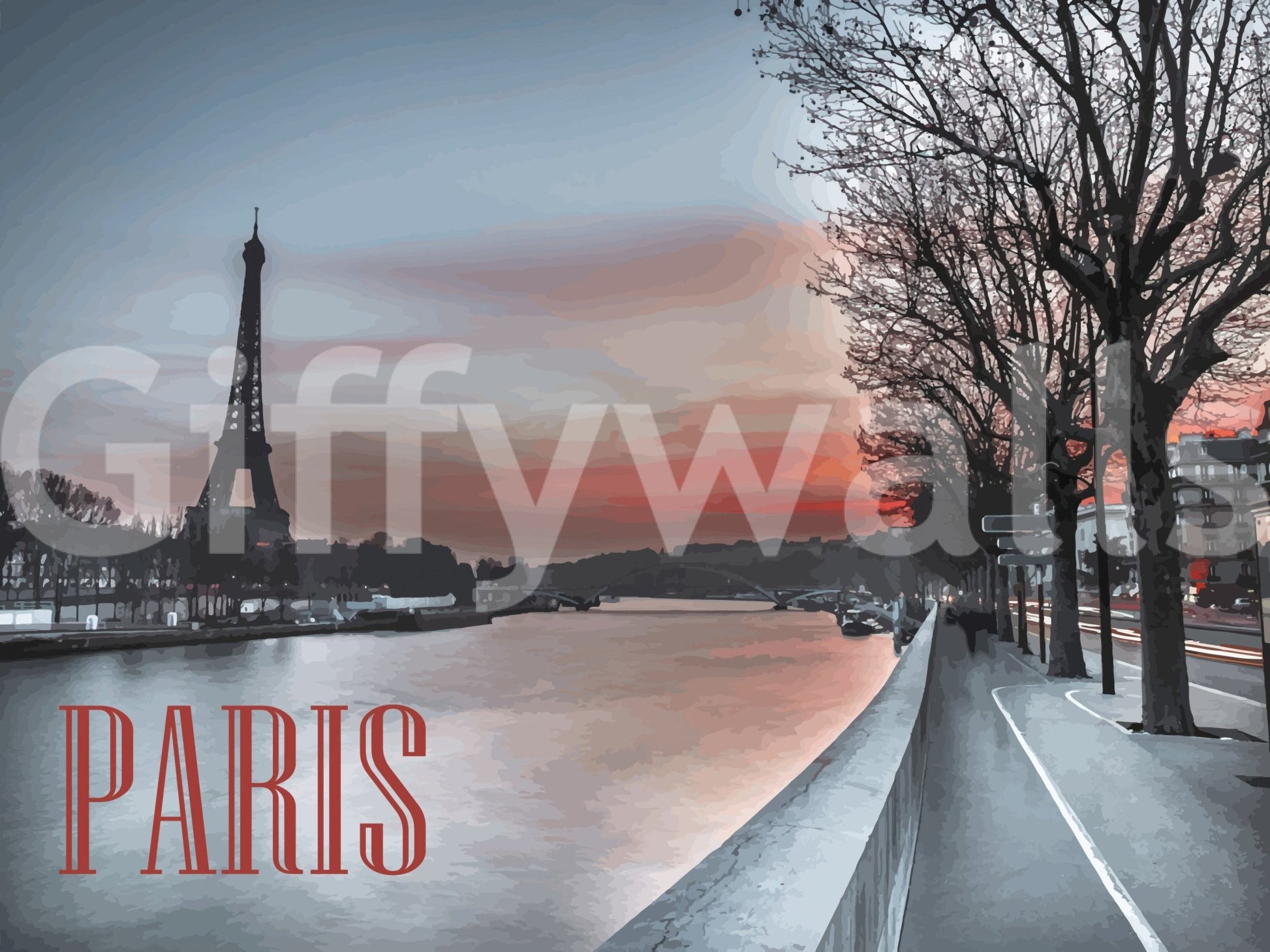Eiffel Tower wall mural with soft gradient sky and Seine edge