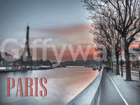 Eiffel Tower wall mural with soft gradient sky and Seine edge