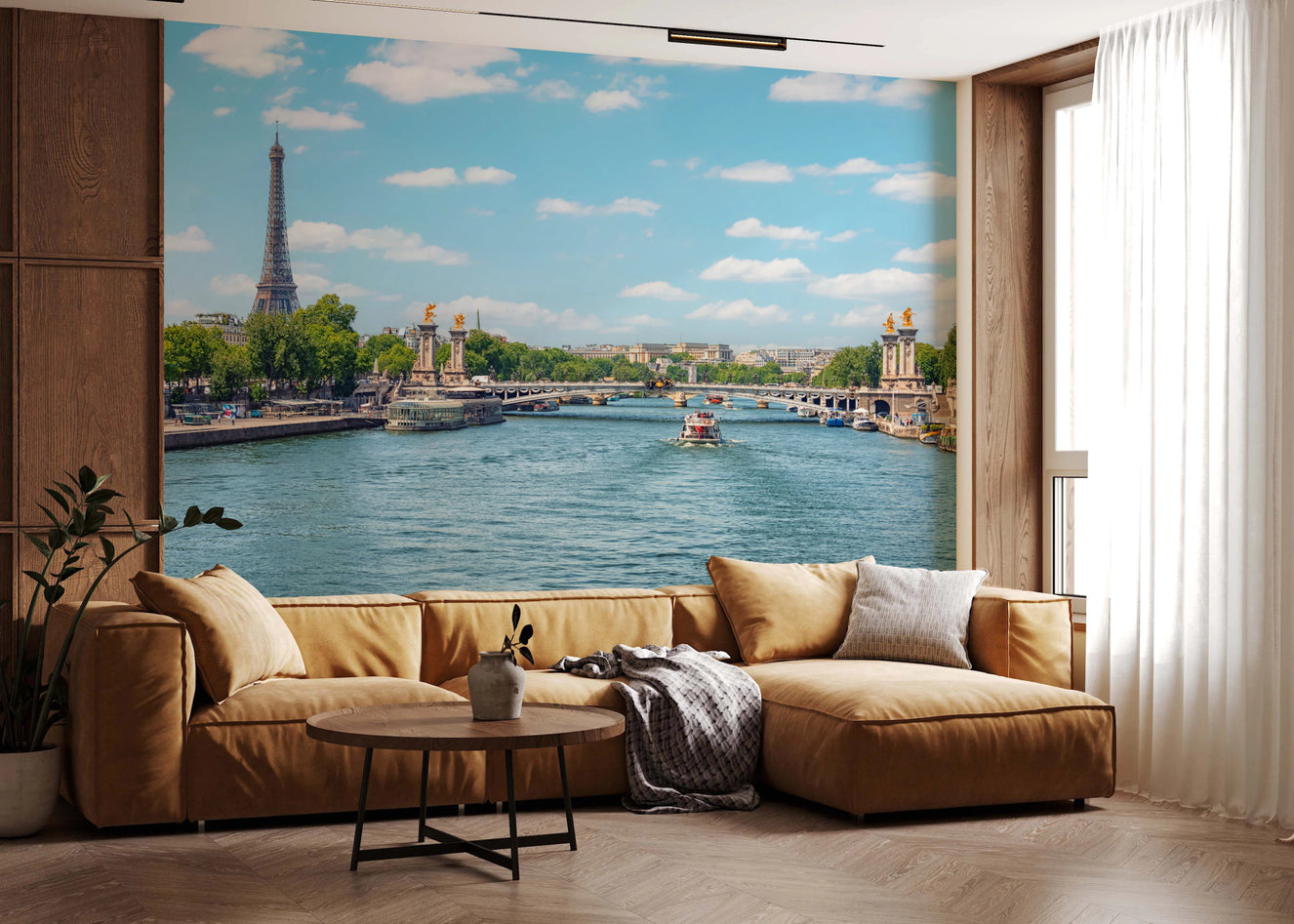 Paris river view wall mural with Seine reflections