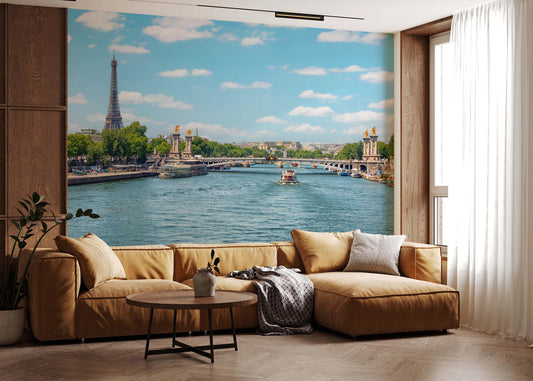 Paris river view wall mural with Seine reflections