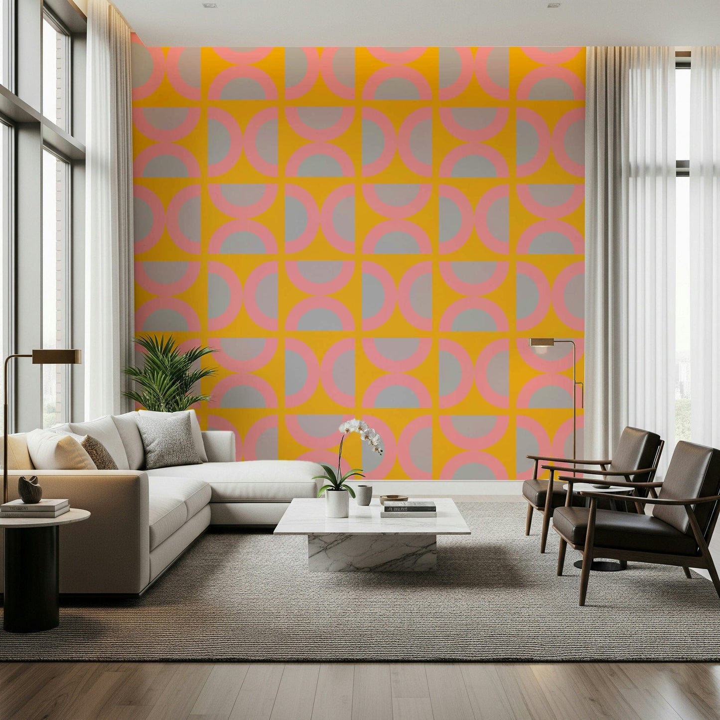 Semi-Circle Pop pattern wallpaper in pink, gray, and gold hues.