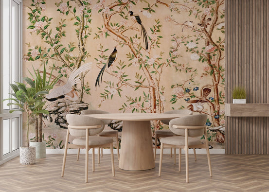 Birds and trees chinoiserie style wall mural MB02
