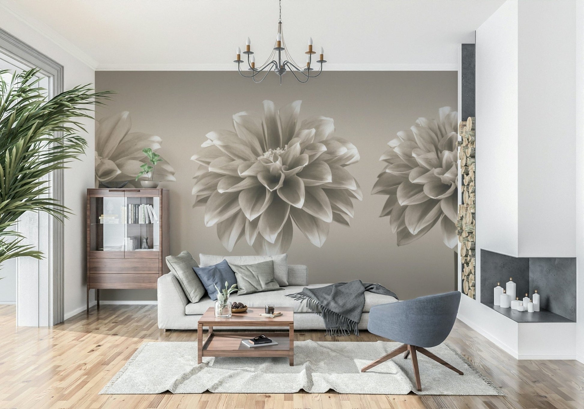 Muted Sepia Dahlia Trio floral wall mural photographic detail design