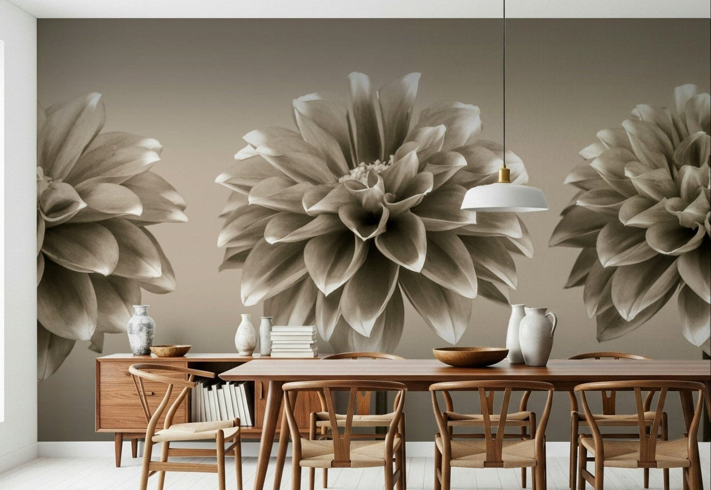 Sepia Dahlia Trio wallpaper vintage inspired botanical display design