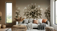 Sepia Dahlia Trio classic monochrome wallpaper for living spaces