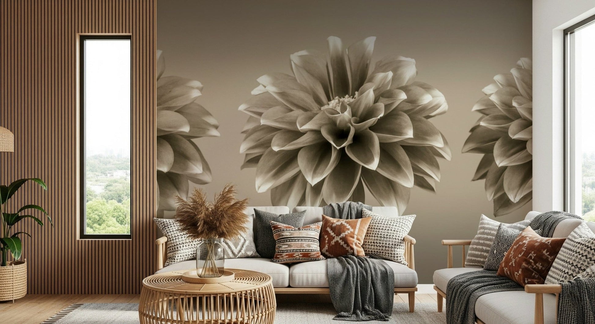 Stunning wall mural Sepia Dahlia Trio bloom artwork elegant