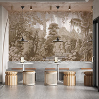 Exotic forest mural in sepia hues

