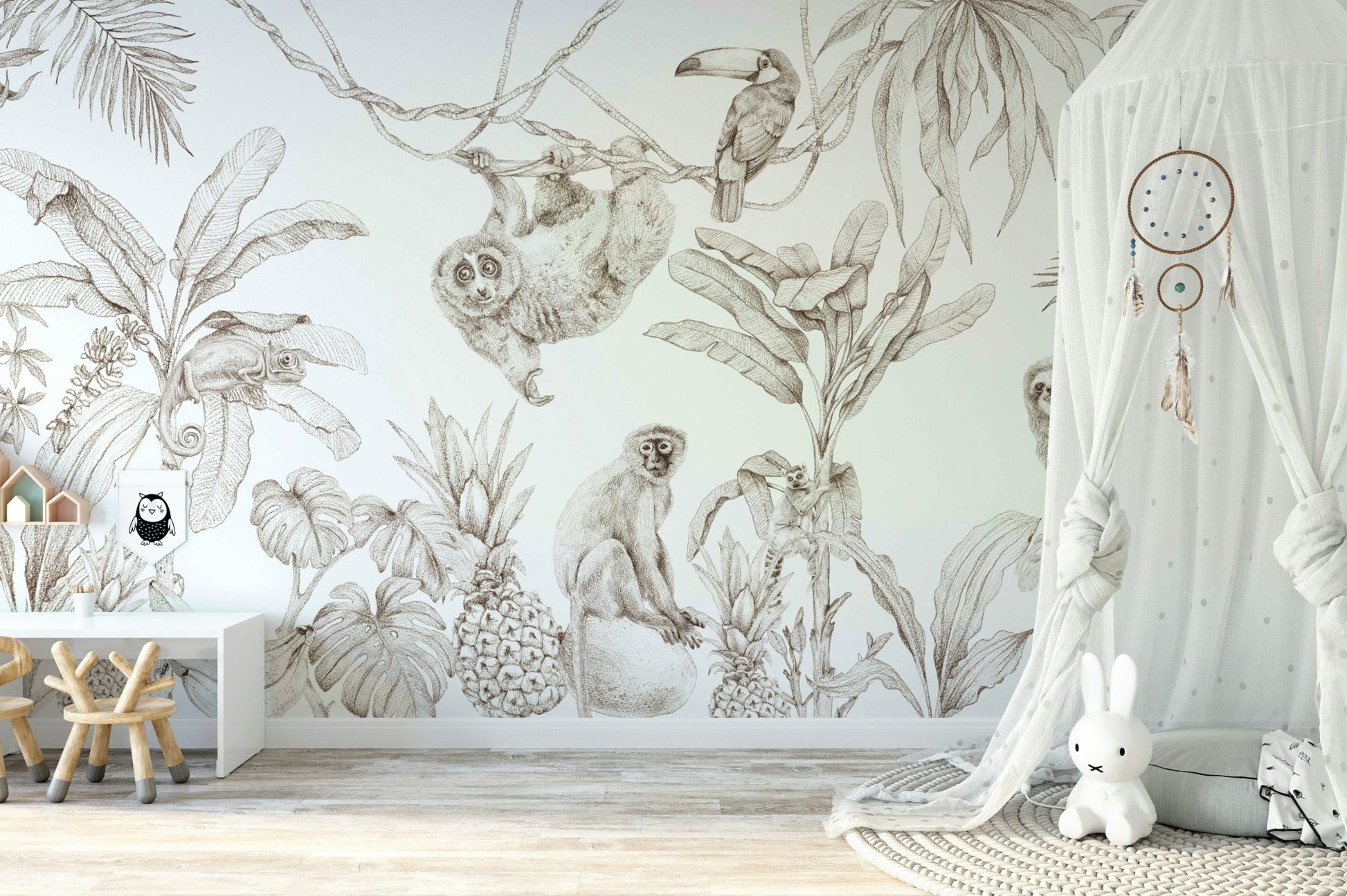 Exotic plants in sepia tone on jungle wall mural, GD1234