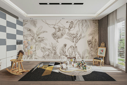 Sepia Jungle Reverie Wall Mural featuring lush trees

