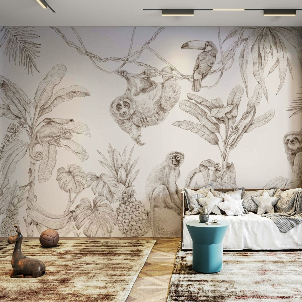 Sepia-toned nature mural with tropical scenery, GD1234