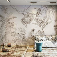 Sepia-toned nature mural with tropical scenery, GD1234
