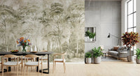 Dining area wall with Sepia Pine Forest wall mural in warm sepia shades