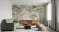 Living room with Sepia Pine Forest wall mural in soft woodland tones