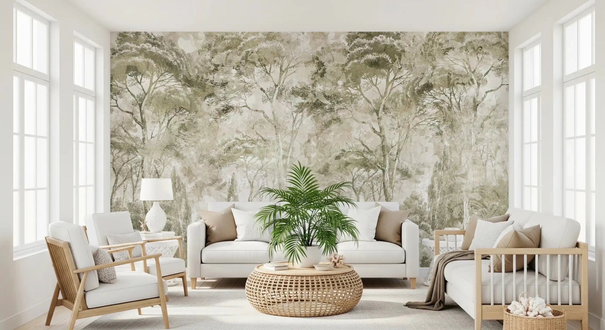 Vintage woodland detail shapes Sepia Pine Forest wall mural softly