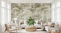 Vintage woodland detail shapes Sepia Pine Forest wall mural softly