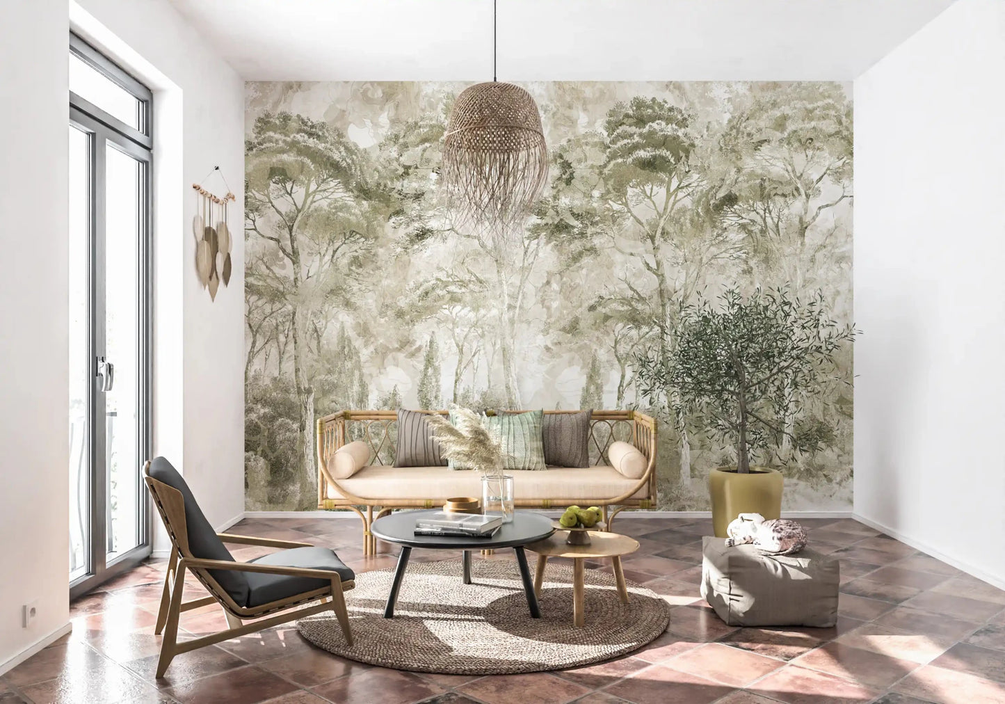 Muted pine layers give Sepia Pine Forest wall mural soft depth