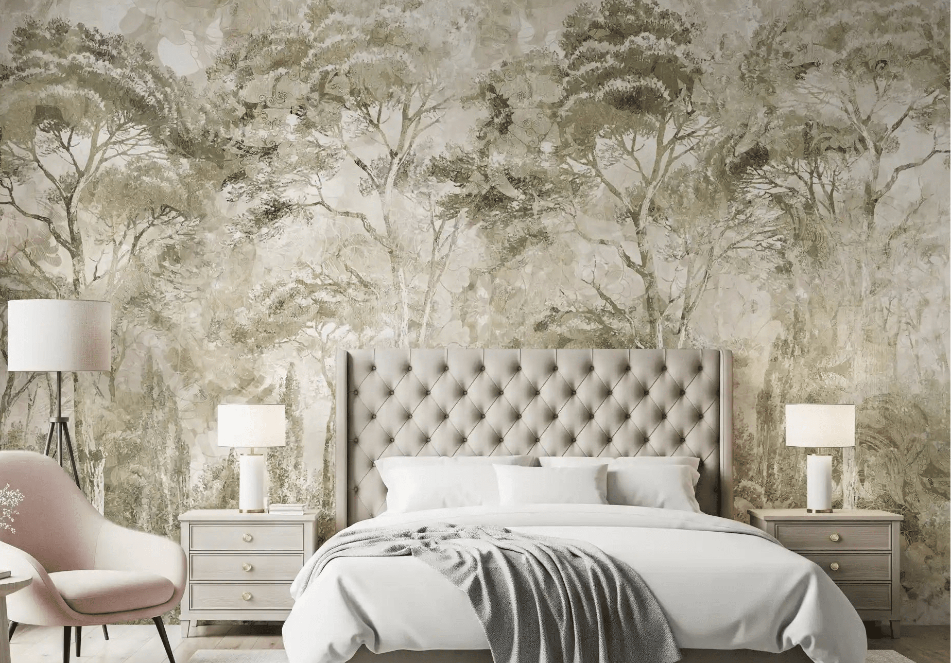 Bedroom styled in Sepia Pine Forest wall mural with faded pine detail, GD9282