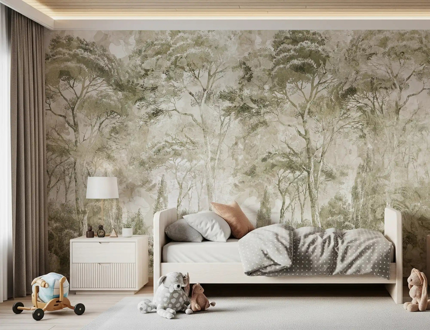 A calm forest scene defines Sepia Pine Forest wall mural beautifully