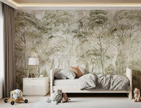A calm forest scene defines Sepia Pine Forest wall mural beautifully