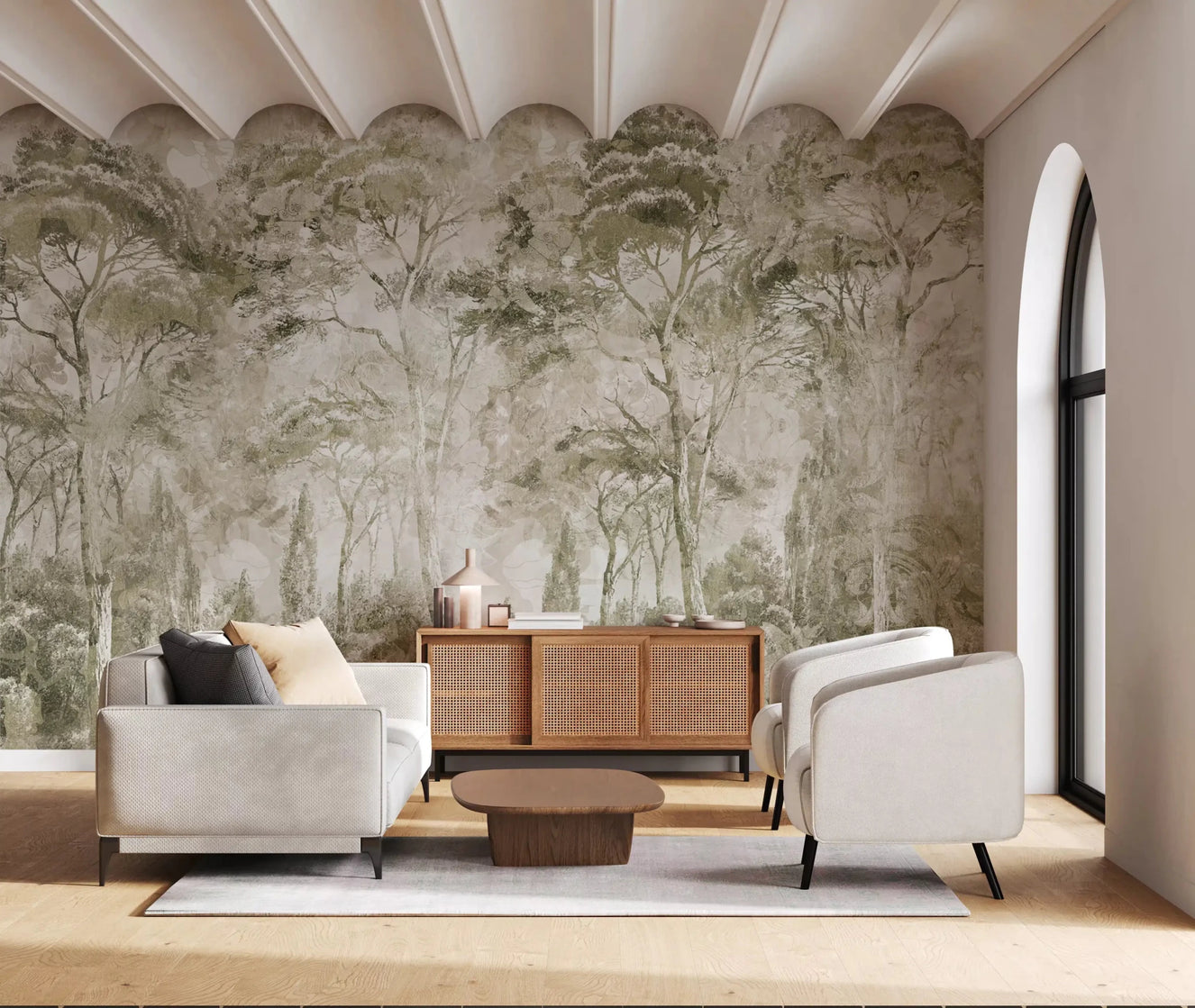 Hallway featuring Sepia Pine Forest wall mural and muted tree layersOffice wall with Sepia Pine Forest wall mural in warm sepia shades