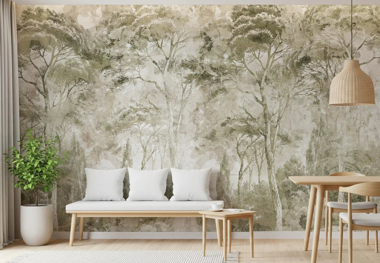Faded scenic texture appears in Sepia Pine Forest wall mural design