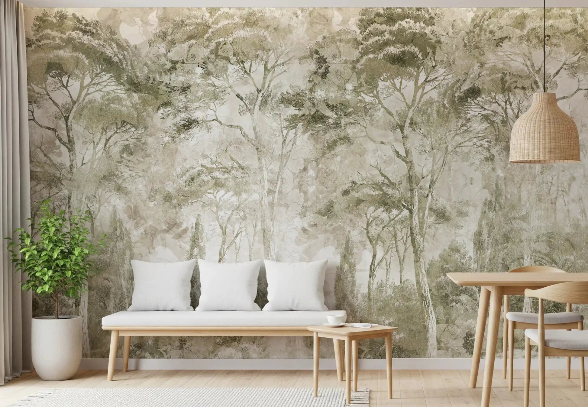Faded scenic texture appears in Sepia Pine Forest wall mural design