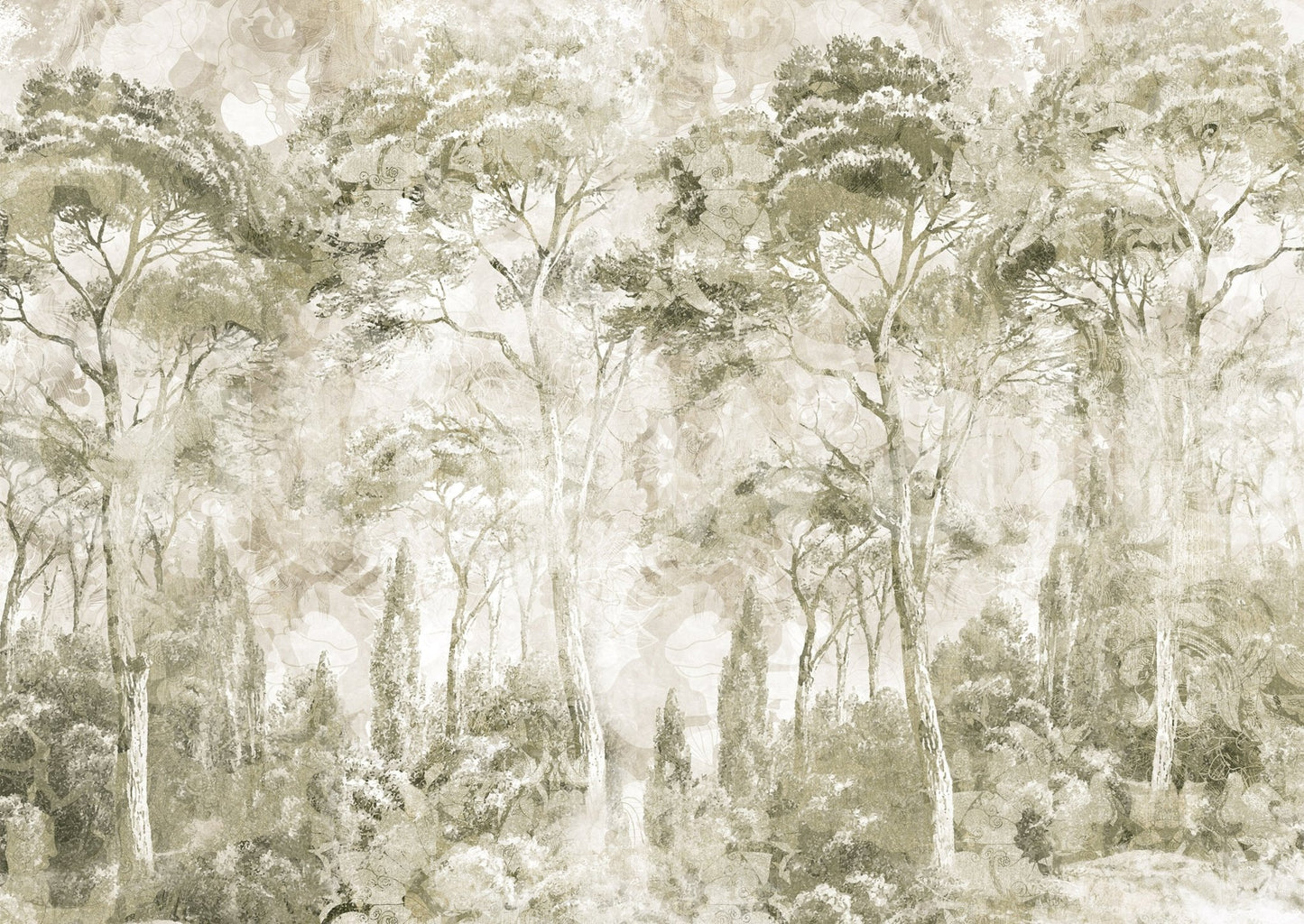 Gentle woodland contrast frames Sepia Pine Forest wall mural well