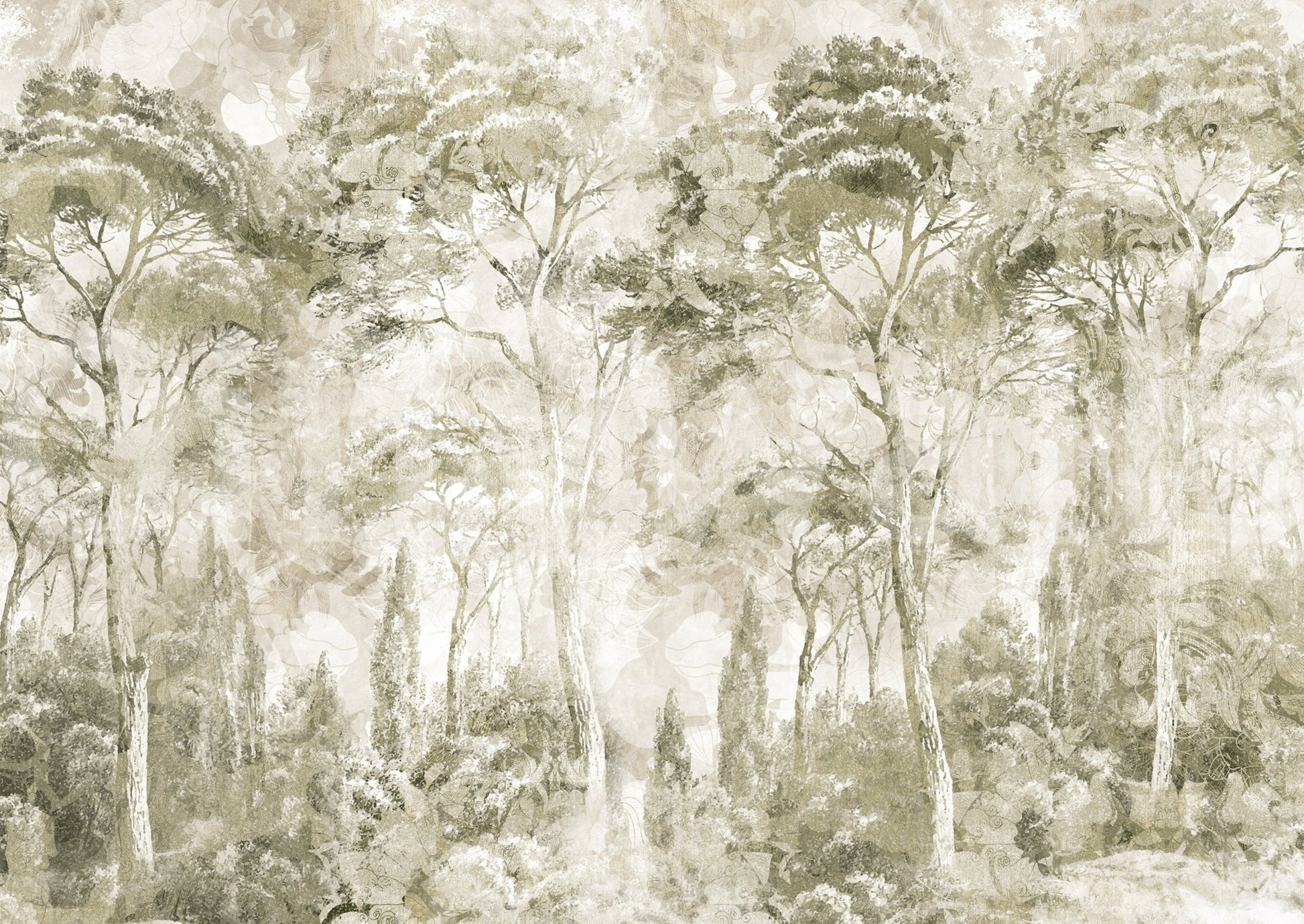 Gentle woodland contrast frames Sepia Pine Forest wall mural well