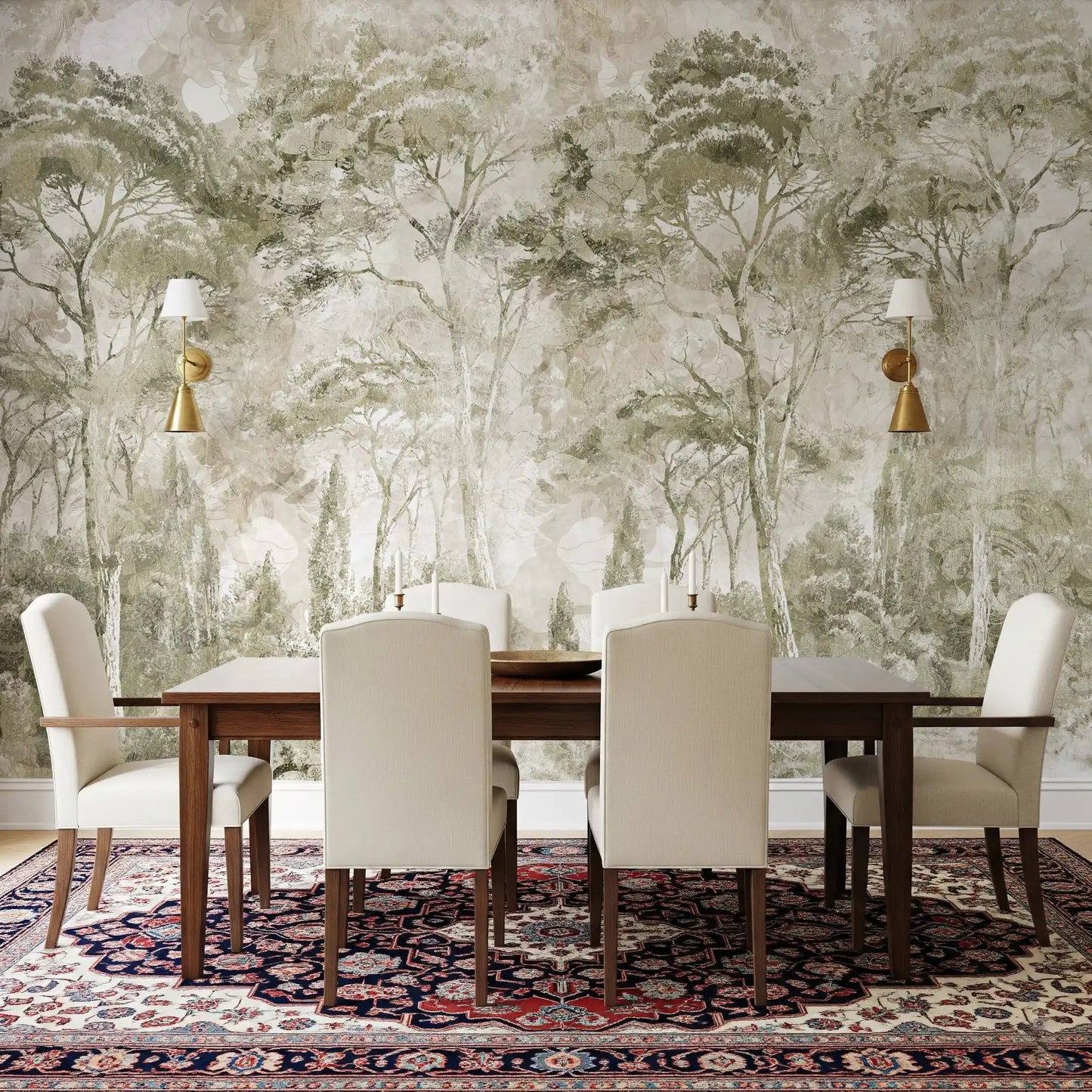 A warm forest finish runs through Sepia Pine Forest wall mural